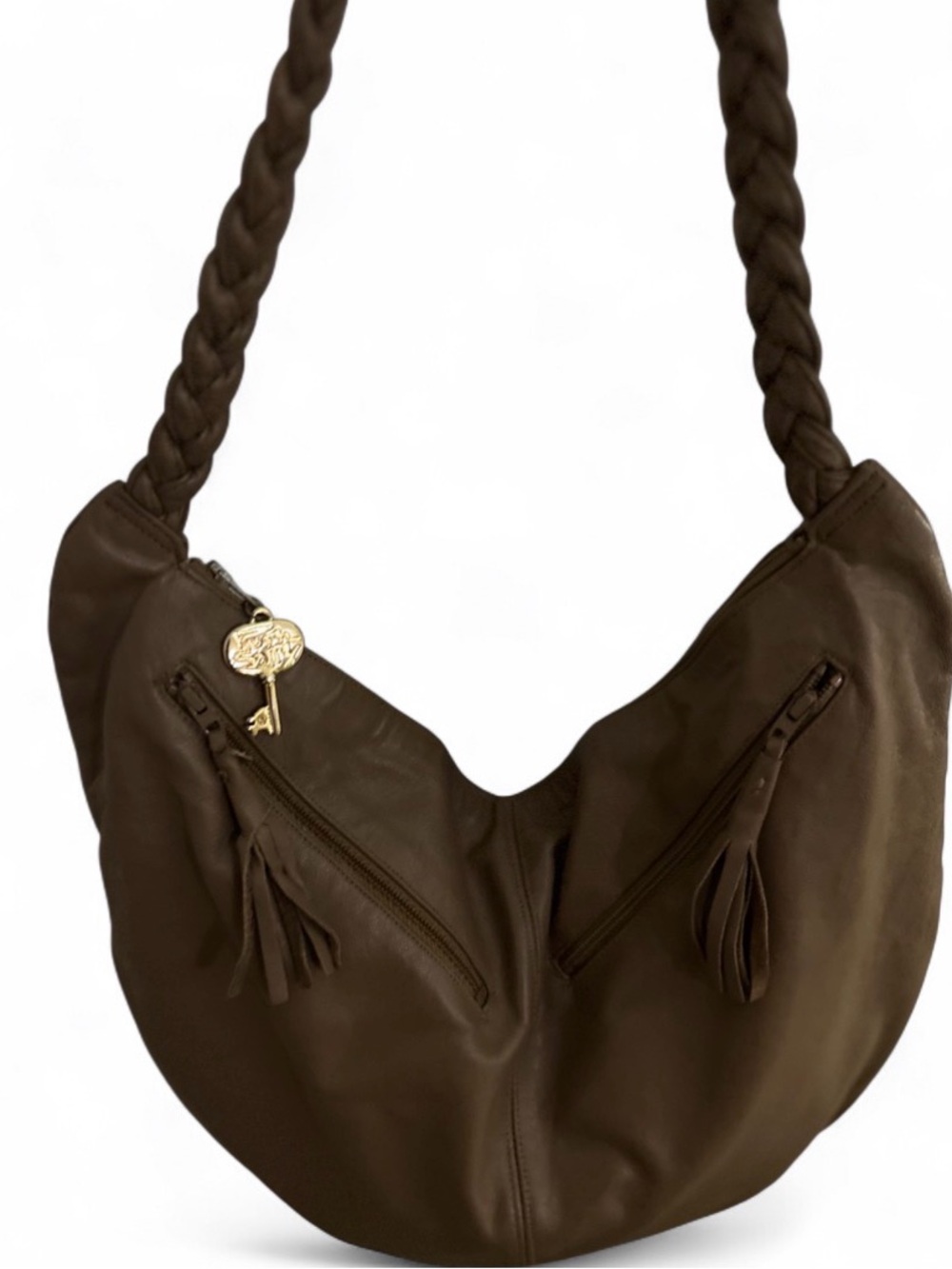 VTG Ruth Saltz Y2K Taupe Leather Hobo Shoulder Bag with Braided Strap, Tassel Zi